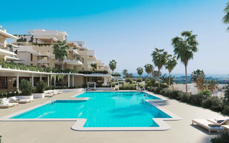 Appartements sur les hauteurs d'Estepona render zones communes avec piscine extérieure